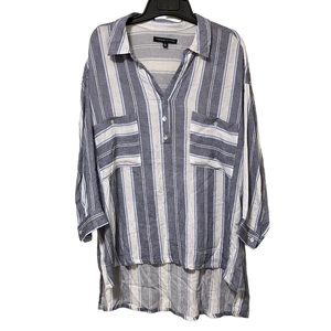 Adrienne Vittadini Blue White Striped Hi Low 3/4 Sleeve Blouse